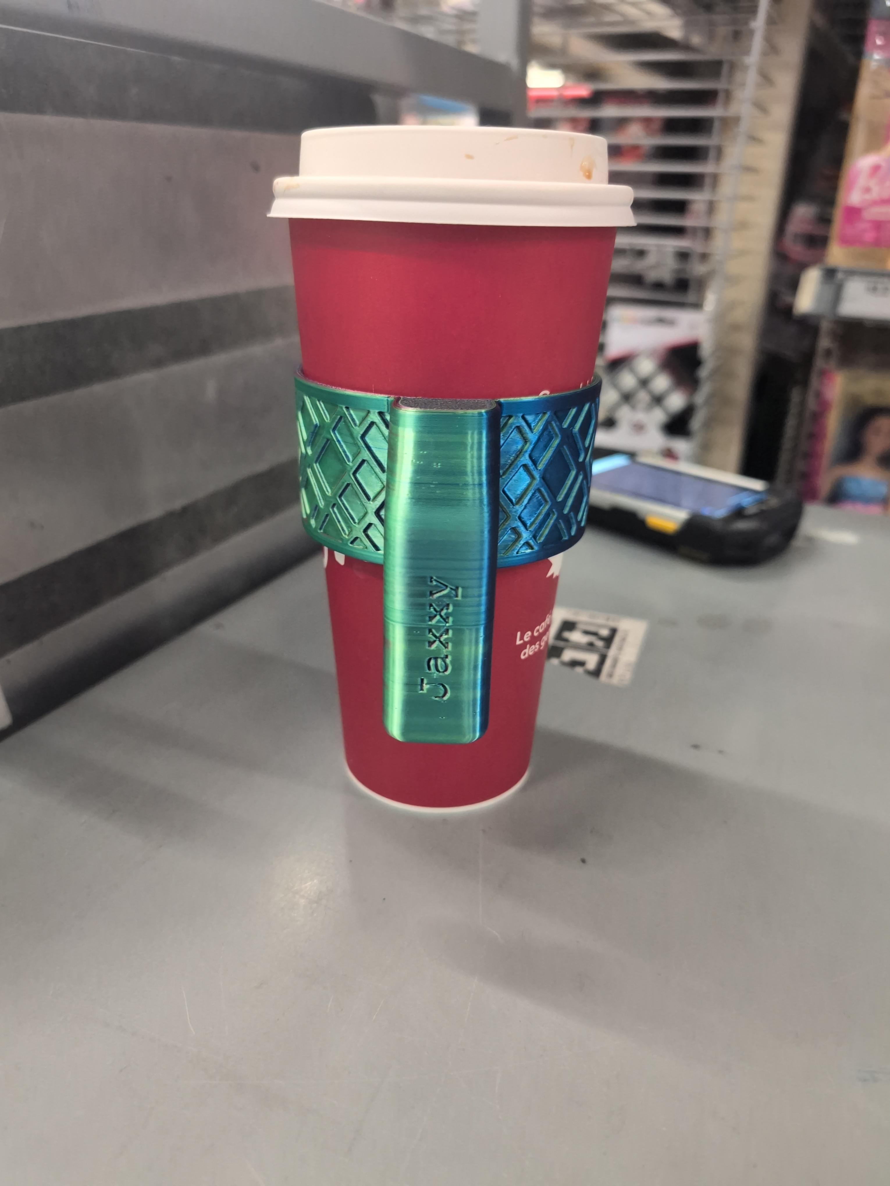Custom printed sleeve and handle fitted around a Tim Hortons coffee cup