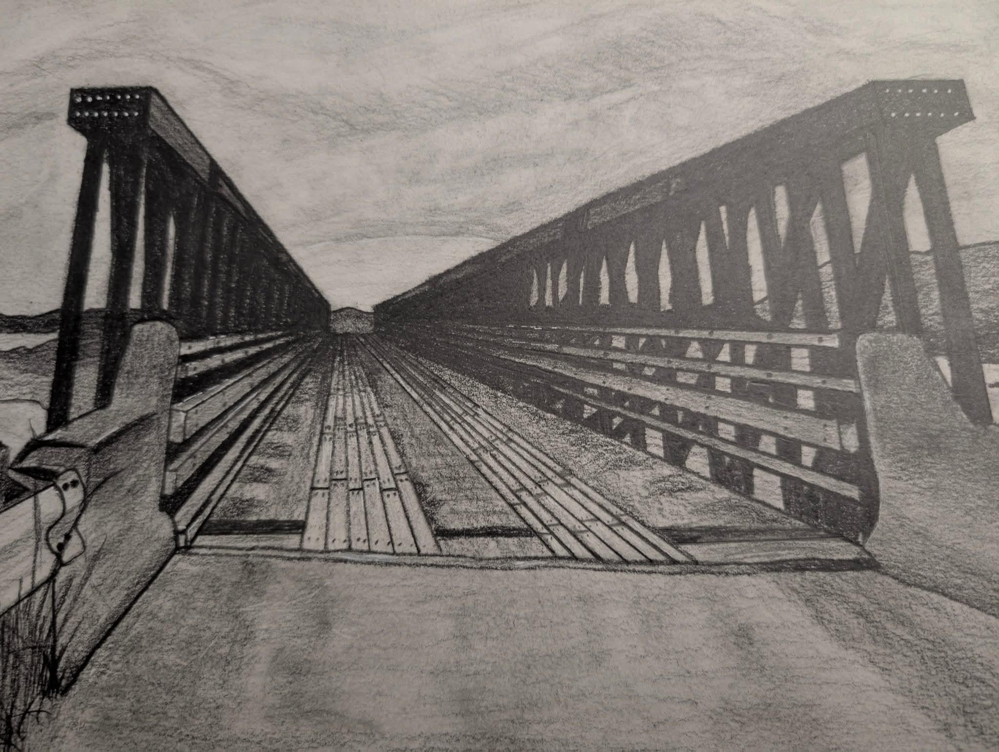Original graphite drawing looking along Gut Bridge in Codroy Valley